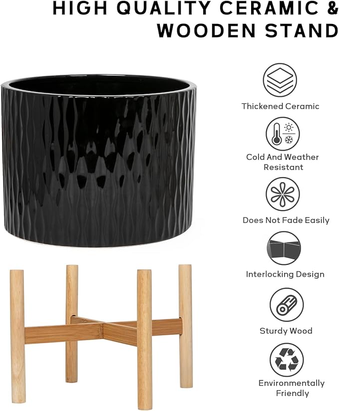 LaDoVita Ceramic Plant Pot with Stand, 10 Inch Planter with Wood Shelf, Modern Round Flower Pots Indoor with Wood Planter Holder, Black Water Ripple Pattern