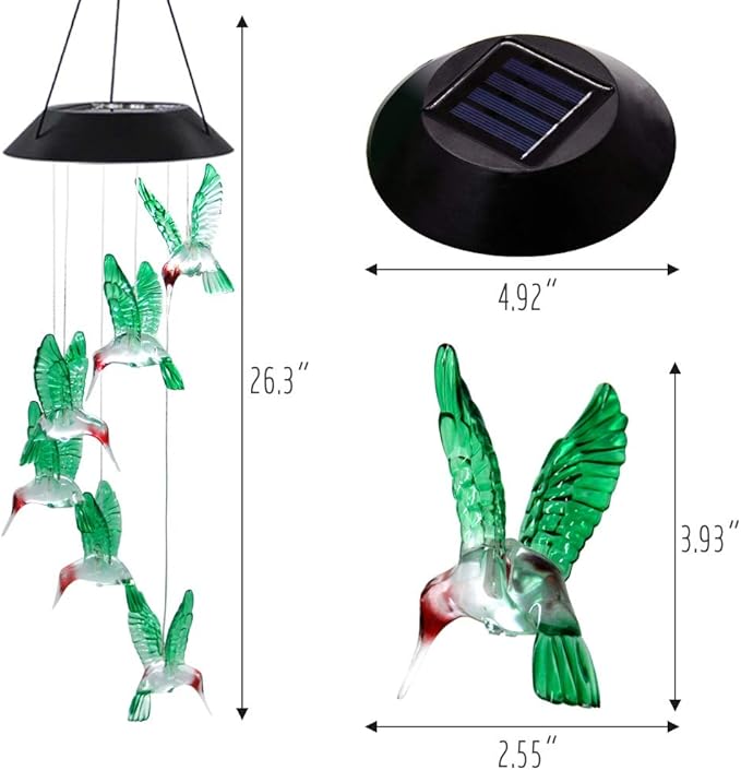 MorTime LED Solar Hummingbird Wind Chime, 25" Mobile Hanging Wind Chime for Home Garden Decoration, Automatic Light Changing Color(Hummingbird)