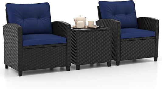 HAPPYGRILL 3 Pieces Wicker Patio Conversation Set, PE Rattan Bistro Sofa Set with Tempered Glass Coffee Table, Washable Cushions, Outdoor Furniture Set for Garden Poolside Balcony (Navy)