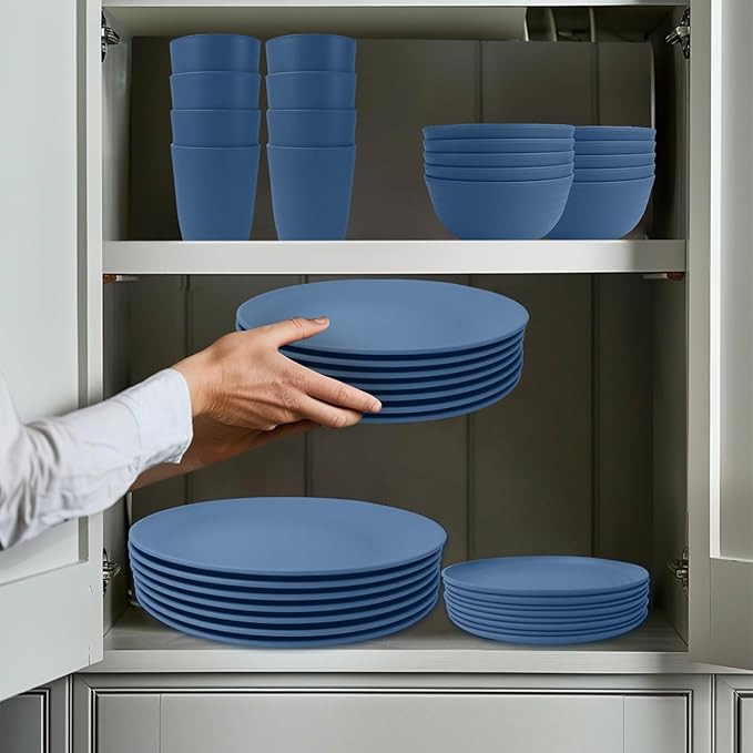 Wrova 40Pack plates and bowls sets for kids - Unbreakable wheat straw dinnerware sets service for 8 - Alternative plastic 40pcs dishes for kitchen, camping and indoors dinning - (Blue)