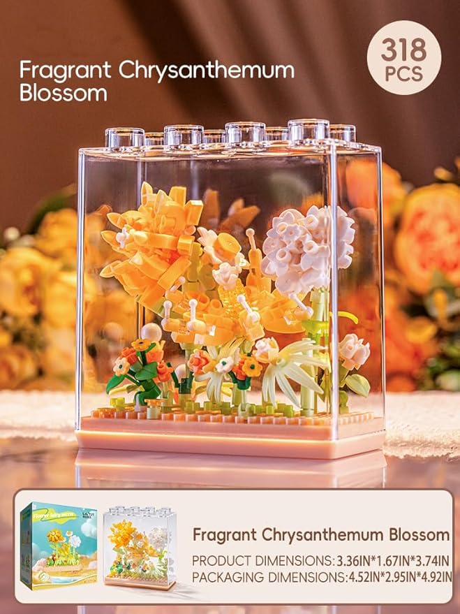 Chrysanthemum Fragrance DIY Flower Plant Building Blocks Toy - Creative Botanical Collection for Kids and Adults Home and Collection Art Home Office Decor with Dust Cover