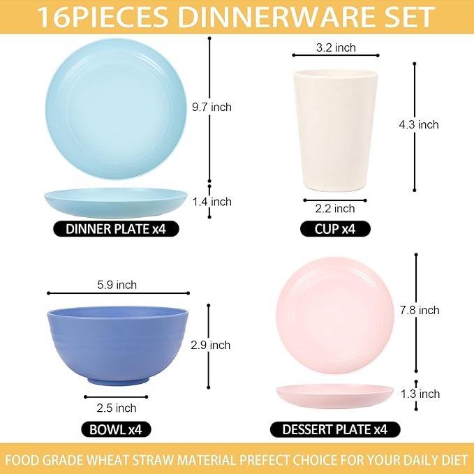 Rubtlamp Wheat Straw Plates and Bowls sets, Reusable Plastic Dishes Set for 4, Kitchen Wheat Straw Dinnerware Sets (Light Four Colors) Include Dinner Platos, Dessert Platos, Cereal Bowls, Cups