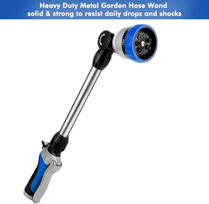 RESTMO Metal Watering Wand, Heavy Duty Garden Hose Wand with 180° Swivel Ratcheting Head, 16'' Hose Nozzle Sprayer with 7 Spray Patterns and Flow Control, for Water Hanging Baskets and Shrubs, Blue