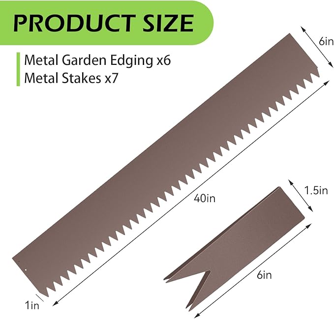 6PCS Rust Steel Landscape Edging Kit, 40" L x 6" H (20ft Total) Galvanized Steel Landscape Lawn Edging Powder for Lawn Yard, Coated Bendable Metal Strips, No-Dig Hammer-in Edging Border w/7Clips