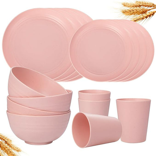 Rubtlamp 16Pcs Plastic Wheat Straw Dinnerware Set, Reusable Plastic Plate Set for 4, Kitchen Plates And Bowls Set (Pink) Include Dinner Platos, Dessert Platos, Cereal Bowls, Cups for Daily, Camping