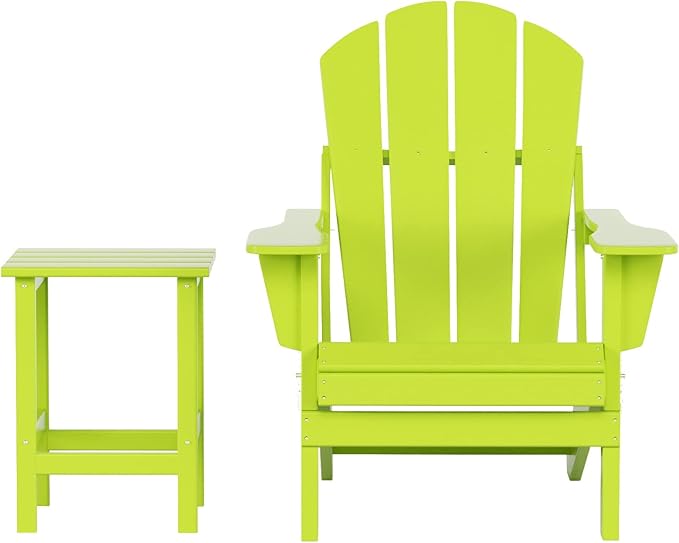 WO Home Furniture Adirondack Chair Table Set of 2 PCS Outdoor Folding Chair w Side Table Weather/UV Resistant for Lawn, Garden, Bon Fire, Balcony (Lime)