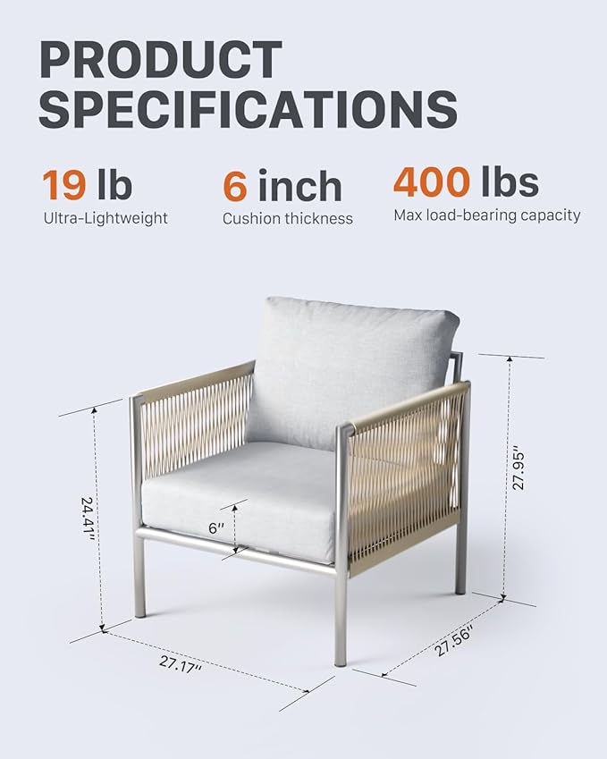 ZANDOR Aluminum Outdoor Patio Furniture 2 Pcs Armchair, All-Weather Metal Modern Outside Furniture with Washable Thick Cushion, HDPE Woven Rope Rattan Bistro Sofa Chair, Garden/Backyard/Porch, Silver