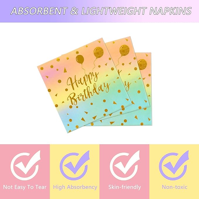 75PCS Happy Birthday Paper Plates - 7 Inch Colorful Gold Dot Paper Plates and 6.5 Inch Napkins with 6.3 Inch Gold Forks Disposable Tableware Set for Birthday Party Decorations, Serves 25