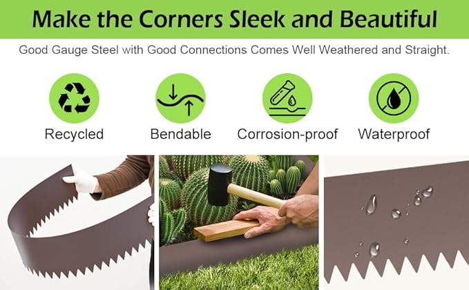 6PCS Rust Steel Landscape Edging Kit, 40" L x 6" H (20ft Total) Galvanized Steel Landscape Lawn Edging Powder for Lawn Yard, Coated Bendable Metal Strips, No-Dig Hammer-in Edging Border w/7Clips