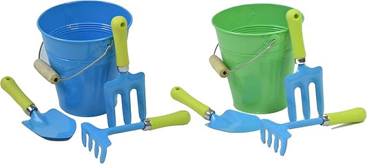 JustForKids 2 Pack Garden Tool Set – Green & Blue Metal Pails with Mini Shovel, Rake & Cultivator, Wooden Handles – Outdoor Gardening Tools for Kids