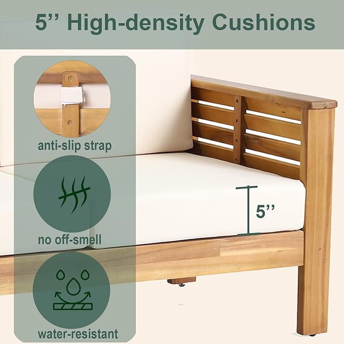 4-Piece Patio Furniture Set: Outdoor Acacia Wood Patio Furniture Set with Loveseat, Sectional Sofa & Coffee Table with Premium Cushions, Durable Conversation Set for Backyard, Garden (4, brown)