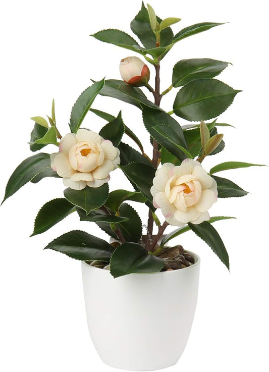 Briful Artificial Plants Mini Camellia Potted Fake Plants Small Faux Plastic Plants Desk Plant Artificial Flowers with Vase for Home Office Desk Kitchen Garden Indoor Decor