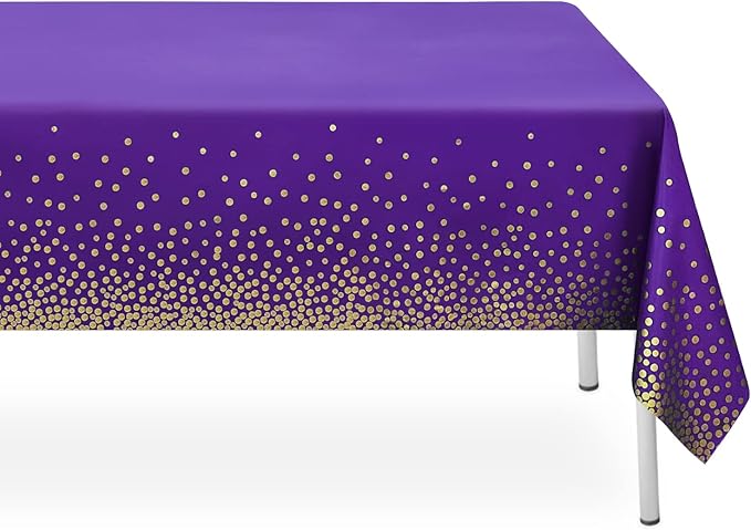3 Pack Purple and Gold Dot Tablecloth, Purple Plastic Table Cloths for Parties Disposable, 54 x 108 inch Waterproof Rectangular Purple Camping Tablecloth for Birthday Party Graduation Picnic