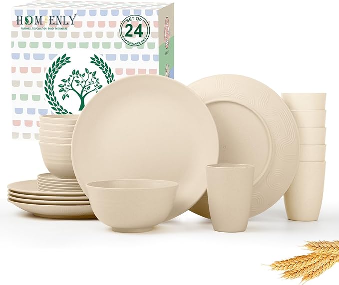 Homienly 24 PCS Premium Wheat Straw Dishes Set for 6, Reusable Plates and Bowls Sets,Cups,Lightweight & Unbreakable Dishwasher and Microwave Safe Dinnerware Sets for Kitchen,Outdoor- Beige