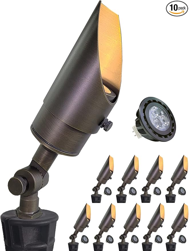 MALORY Brass Landscape Spotlight 10-Pack with MR16 Bulb Kit(S04), Low Voltage 12V AC/DC Shroud Adjustable Outside Yard Lights,PVC Ground Stake and Wire Connector Included, 5W 2700K Warm White