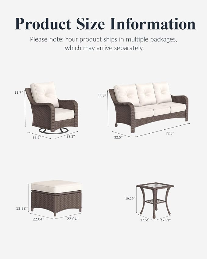 LayinSun 7 Piece Wicker Outdoor Furniture Set with 6-inch Comfy Cushions, High Back Patio Furniture Set with Swivel Rocking Chairs and Side Table