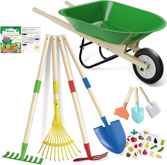 Kids Wheelbarrow Set with Gardening Tools Outdoor Backyard Garden Play for Toddlers Boys Girls 3-8, with Shovel, Rake, Leaf Rake, Easter Birthday Gifts (Green Garden Set)