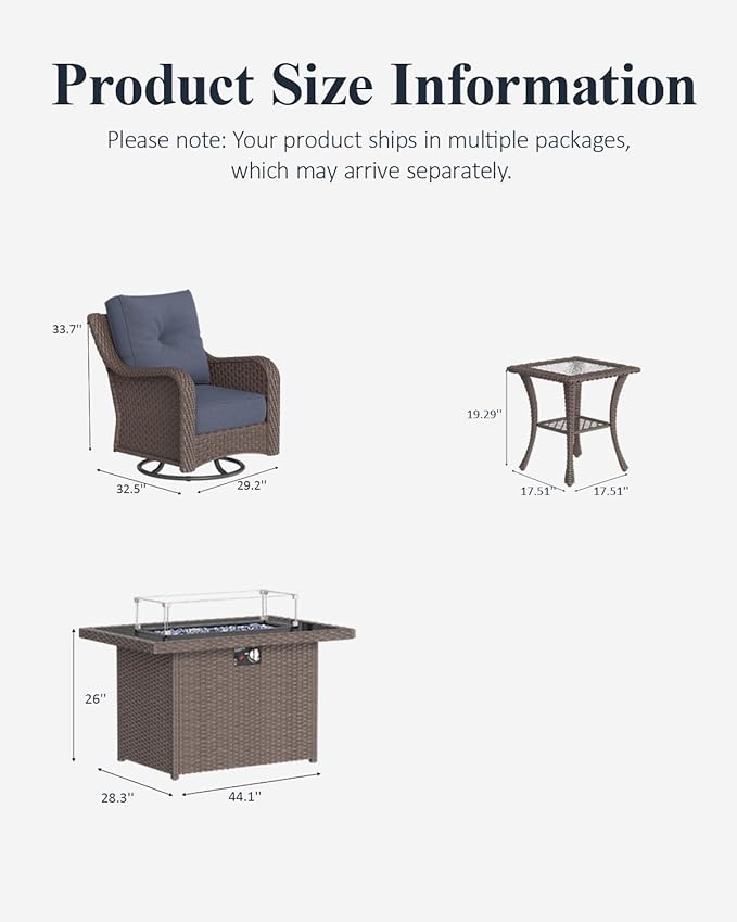 LayinSun 7 Piece Wicker Outdoor Furniture Set with 6-inch Comfy Cushions, High Back Patio Furniture Set with Swivel Rocking Chairs and Fire Pit Table