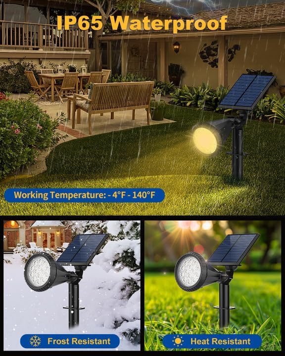 Solar Spot Lights Outdoor, 2 Pack Outdoor Solar Lights for Yard, IP65 Waterproof Solar Spotlights with 4 Modes, 2-in-1 Auto On/Off Solar Landscape Lights for Flood, Wall, Pathway (Warm White)