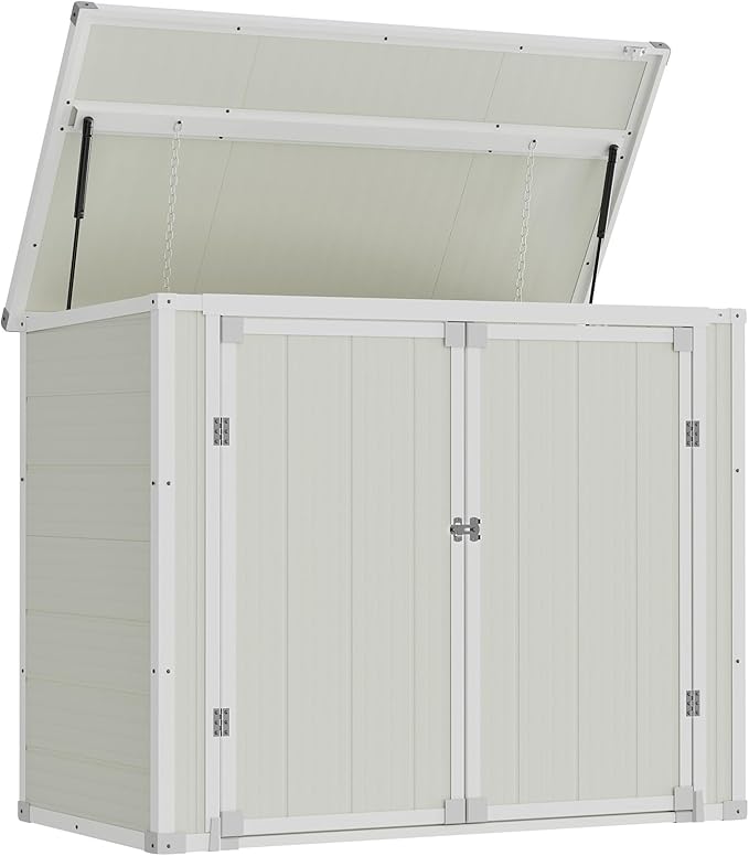 Amopatio 41 Cu Ft Outdoor Storage Shed, Horizontal Resin Trash Can Storage, Weather Resistance, Storage Box with Floor Included for Garden Tools, Lawn Mowers, Garbage Cans, Patio Use, Sandstone
