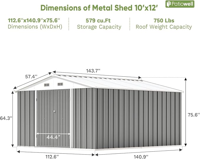 Patiowell 10 x 12 FT Metal Storage Shed for Outdoor, Steel Yard Shed with Design of Lockable Doors, Utility and Tool Storage for Garden, Backyard, Patio, Outside use, Gray