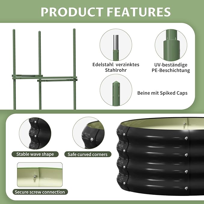 SUNYRISY 3 Pcs Galvanized Raised Garden Bed with Tomato Cages Trellis, Metal Outdoor Planter Garden Box with Plant Stakes Support for Climbing Plants Gardening Flowers Vegetables Herbs, Black