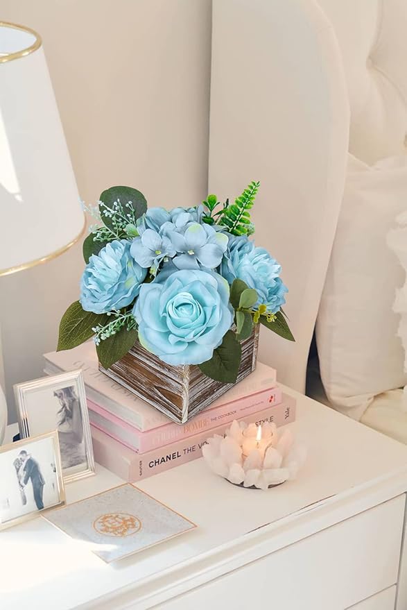 DILATATA Flower Arrangement with Wooden Vase 8" Artificial Flowers in Pot - Fake Flowers Roses Peonies Hydrangeas in Wooden Vase Potted Flower Centerpieces for Table Decor Living Room - Dusty Blue