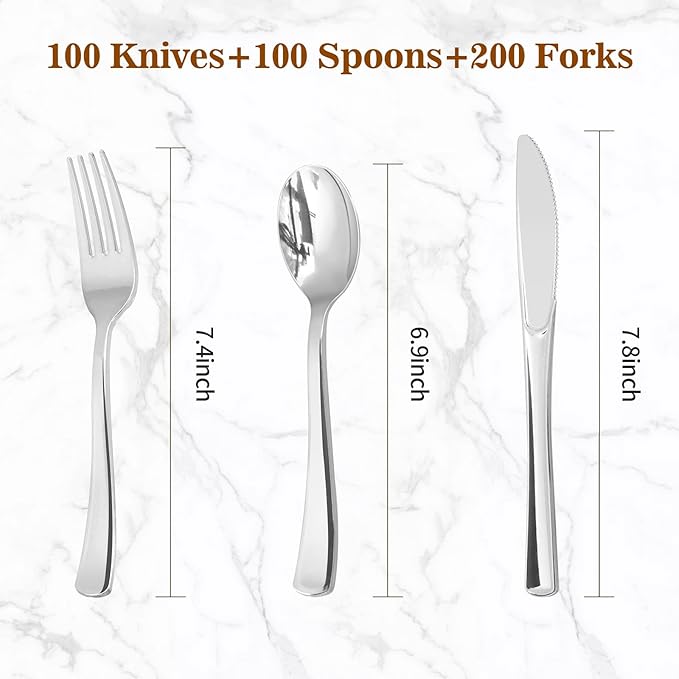 BESTVIP 400PCS Silver Plastic Silverware, Silver Disposable Utensils, Heavy Duty Cutlery Set of 200 Forks, 100 Spoons, 100 Knives for Christmas, Parties, Weddings, Catering and Daily Use