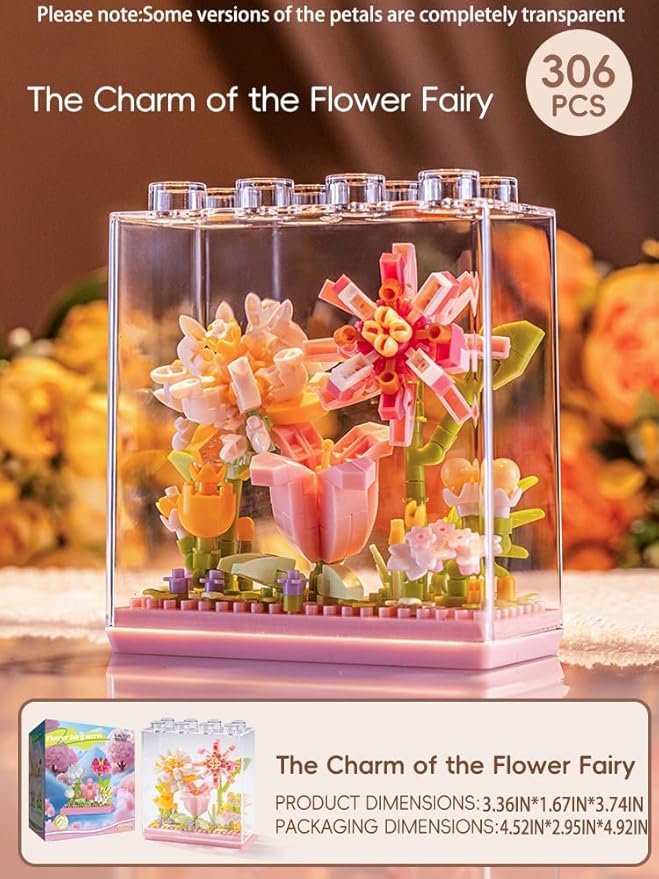 Flower Fairy DIY Flower Plant Building Blocks Toy - Creative Botanical Collection for Kids and Adults Home and Collection Art Home Office Decor with Dust Cover