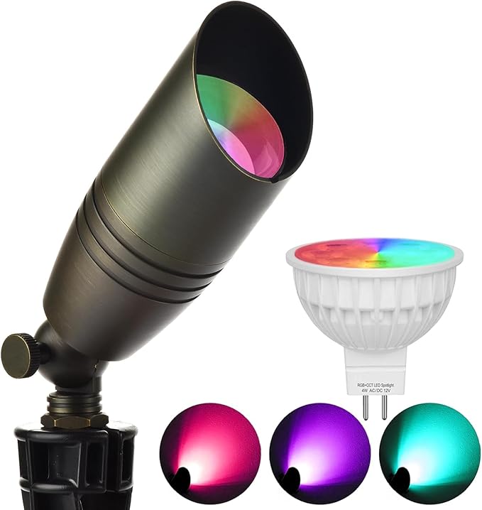 RGB Low Voltage Landscape Lights, LED Outdoor Brass Landscape Lighting with Ground Stake,Color Changing 12V Outdoor Spot Lights,Waterproof Up Lights for Garden Yard