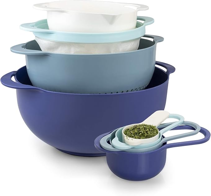 COOK WITH COLOR 8Pc Nesting Bowl Set, Teal - Includes 2 Mixing Bowls, Colander, Sifter, 4 Measuring Cups, Polypropylene, Dishwasher Safe, BPA Free