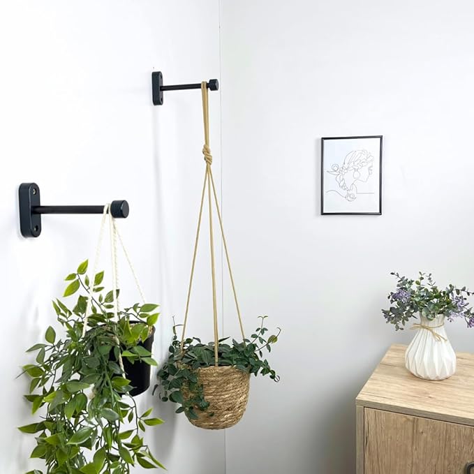 EvenWood 2-Piece Set of Wooden Plant Hooks for Wall with Sturdy Metal Tube - Plant Wall Hanger for Pots, Flower Brackets - Bracket Plant Hanger for Indoor and Outdoor Decorations (Black, 8 Inch)