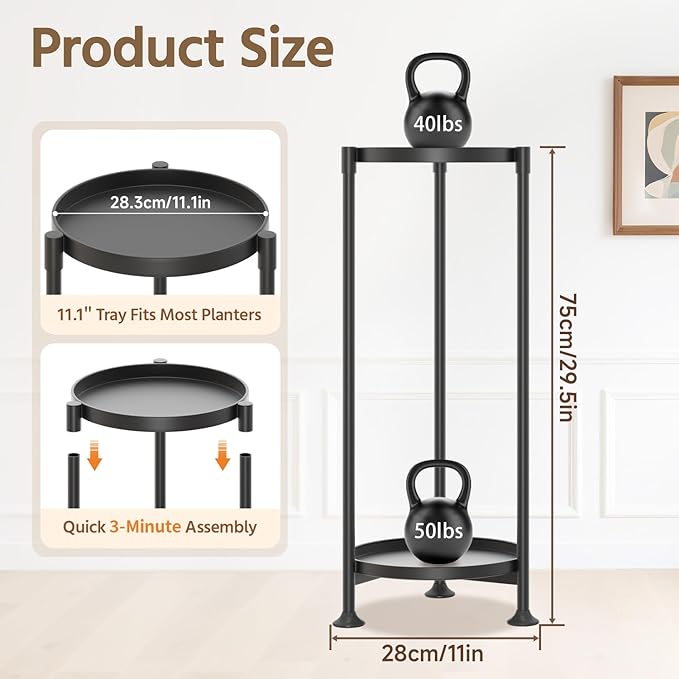LASZOLA 2 Tier Black Plant Stand Indoor for Large Tall Heavy Duty Flower Planter, Metal Vertical Multi Level Rack for Narrow Floor Corner, Sturdy Round Holder Organizer, Modern, Mid Century, Farmhouse