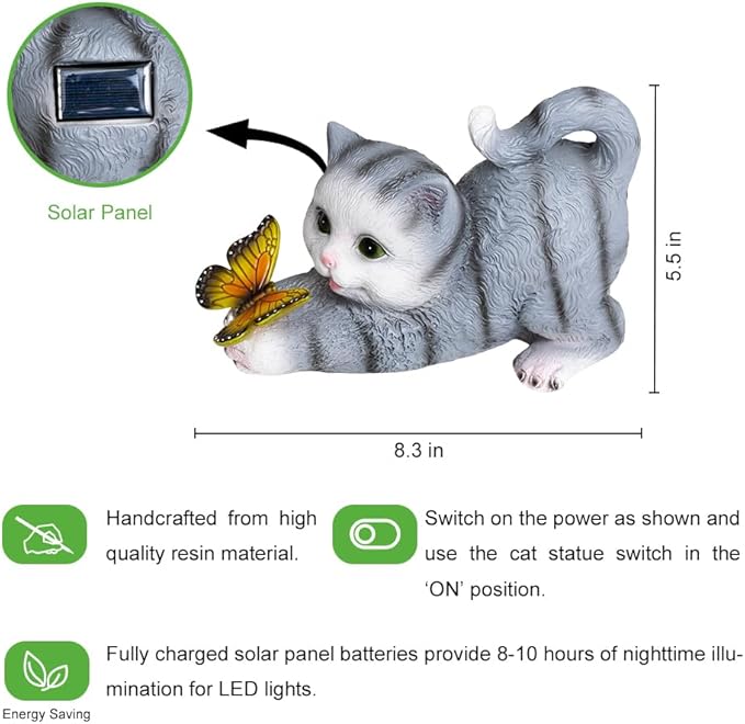 Solar Cat Statue with LED Lights & Butterfly - Outdoor Garden Decor for Patio, Lawn, Yard - Waterproof Cat Figurines, Housewarming Gardening Gifts for Women, Mom, Grandma
