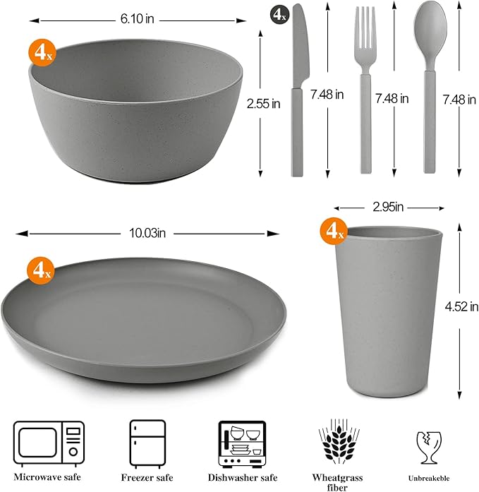 Wheat Straw Dinnerware Sets - 24 pcs Lightweight Bowls Unbreakable Dish Set Dishwasher Microwave Safe Wheat Straw Cups Cutlery Plates and Bowls Set for 4 Suitable for Camping Party Grill（Grey）