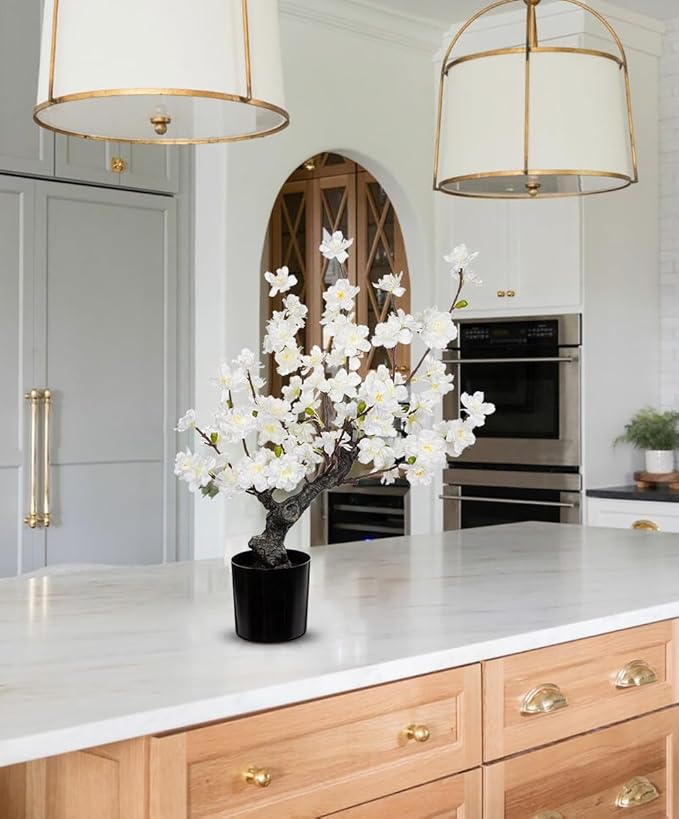 DILATATA Faux Cherry Blossom Bonsai Tree 16" Small Artificial Bonsai Tree for Home Decor White Apple Blossom Tree for Indoor Bookshelf Office Desk Bathroom Decor