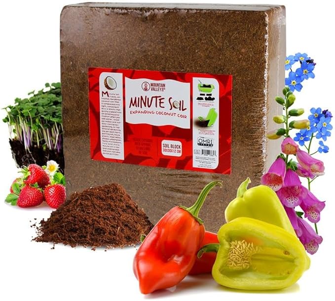 Mountain Valley Seed Company Minute Soil - Compressed Coco Coir Brick, Fiber Grow Medium, Potting Soil Indoor & Outdoor Plants, 1 Block = 15 Gal, Peat Free, OMRI Organic