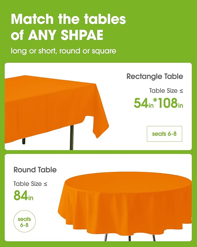 Pureegg Plastic Table Cloth Disposable 8 Pack, 54 x 108 Inch Table Cloths, Halloween Party, Thanksgiving Decorations, Harvest, Fall Tablecloths, Rectangle Tables, Leakproof & Sturdy, Orange