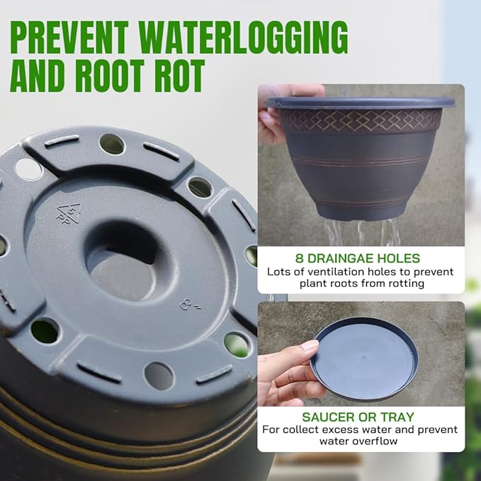 10 Inch 4 Pack Plant Pots, Plastic Flower Pot for Indoor & Outdoor with Drainage Holes & Saucer, Plaid Pattern Planters Garden Pots for Herbs