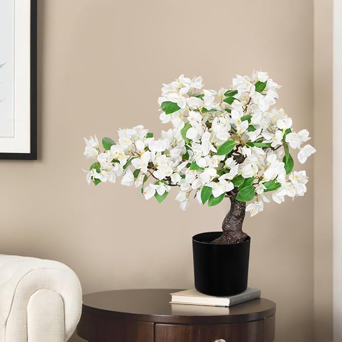 Briful Artificial Bougainvillea Flower Plant 20.8" Bougainvillea Bonsai Tree with Black Pot Silk Bougainvillea Floral Centerpiece for Home Office Room Table Shelf Mantle Decor(White)