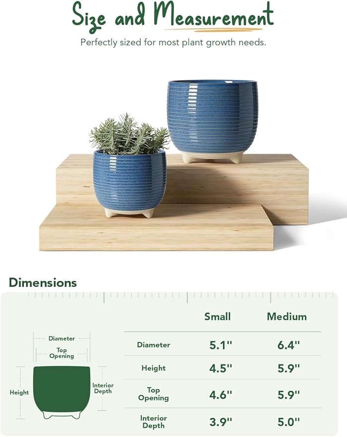 LE TAUCI Ceramic Plant Pots, 5.1 + 6.4 Inch Footed Pots for Plants, Modern Flower Pots for Home and Office, Indoor Planters with Drainage, Reactive Glaze Blue