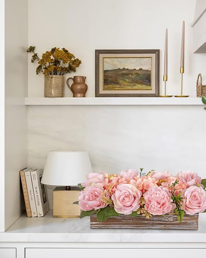 Flower Arrangement with Wooden Vase 14" Artificial Flowers in Pot - Fake Flowers Roses Peonies Hydrangeas in Wooden Vase Potted Artificial Flower Centerpieces for Table Decor Living Room - Dusty Pink