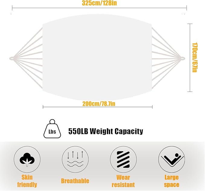 ZEAN Handwoven Hammock with Tassels by Thick Cotton Rope XL Two Person Hammock for Outside Patio Backyard Garden Beach 550LB Capacity