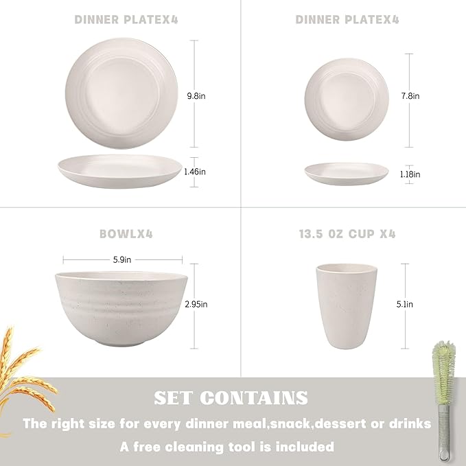 Kitchen Wheat Straw Dinnerware Sets (17pcs) Attached cleaning brush,Service For 4,Plastic Plates and Bowls Sets,Unbreakable Dinnerware,Lightweight Plastic Plate Set (off-white)