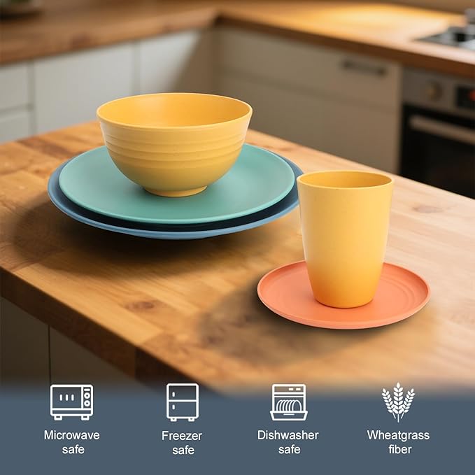 Wheat Straw Dinnerware Sets 40 PCS| Plates and Bowls Sets for 8, Unbreakable Dinner Plate, Dessert Plates, Cereal Bowl, Drinking Cups, Microwave Safe Dishes Set for Kitchen, Outdoor - Multi
