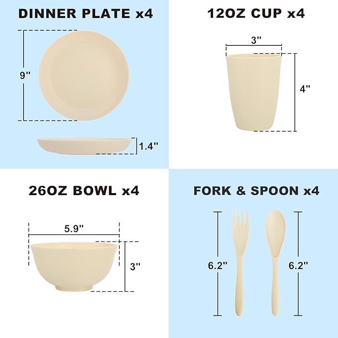 Kitchen Wheat Straw Dinnerware Sets for 4, Unbreakable Dish Set 20-Piece - Dinner Plate/Cereal Bowl/Cup/Fork/Spoon, for Outdoor Camping, RV, Apartment Essentials - Beige