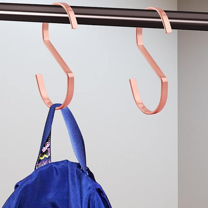 16-Pack 4 Inch Flat S Shape Hooks Heavy-Duty Chrome Finish Hanging S Hooks for Kitchenware, Pots, Utensils, Plants, Towels, Gardening Tools, Clothes (Rose Gold)