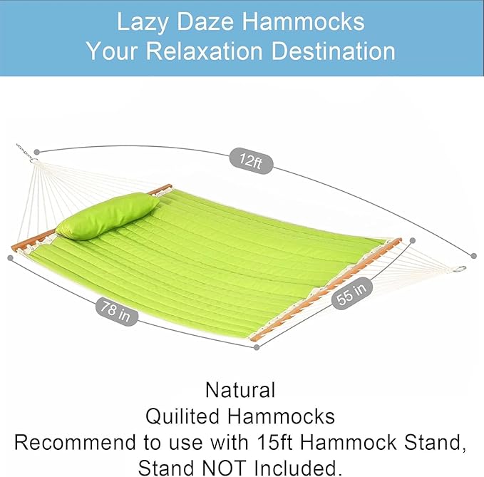 Lazy Daze Hammocks Quilted Fabric Double Hammock with Pillow, Spreader Bar Swing for Two Person, 450lbs Weight Capacity (Light Green)