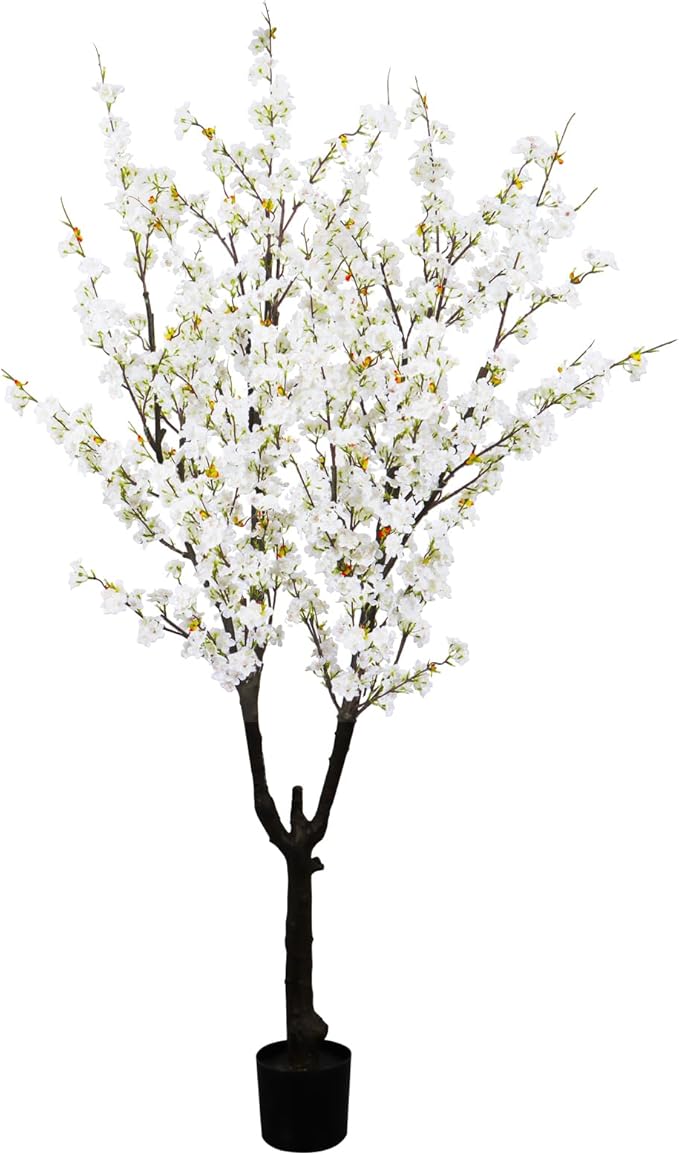Faux White Cherry Blossom Tree 6ft(72in) Tall Artificial Plant Home Decor Handmade Natural Fake White Flower Tree for Wedding Realistic Silk Cherry Plant in Pot for Living Room,Office,Outdoor Decor.