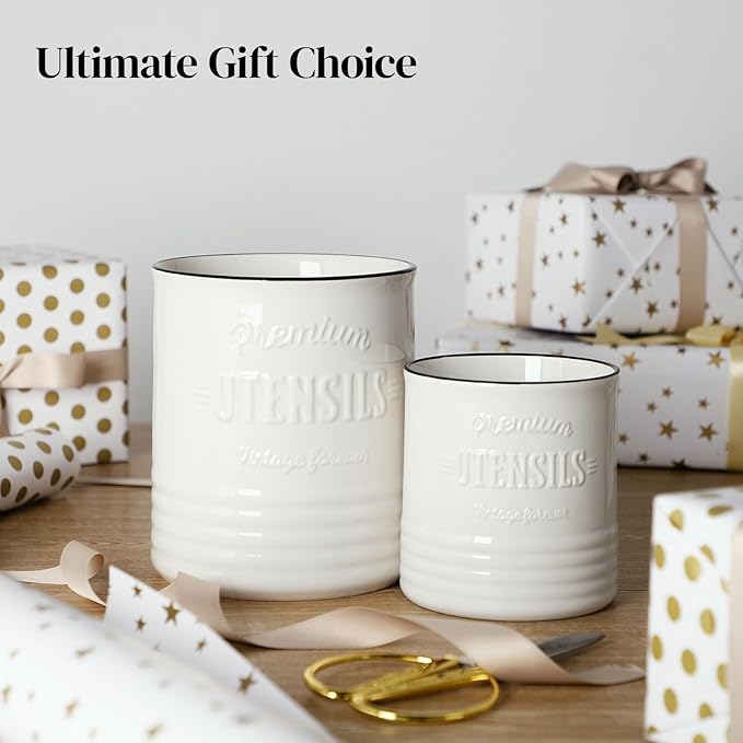 DOWAN 7.2″ Extra Large Kitchen Utensil Holder, Farmhouse Utensil Holder for Countertop, Ceramic Utensil Crock with Protection Cork Mat, Utensil Organizer for Kitchen Decor & Housewarming Gift, White